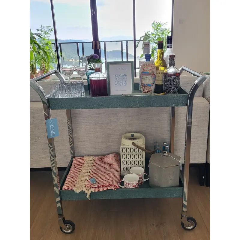 Faux Shagreen Drinks Trolley/Bar Cart With Handle - Lincoln Green