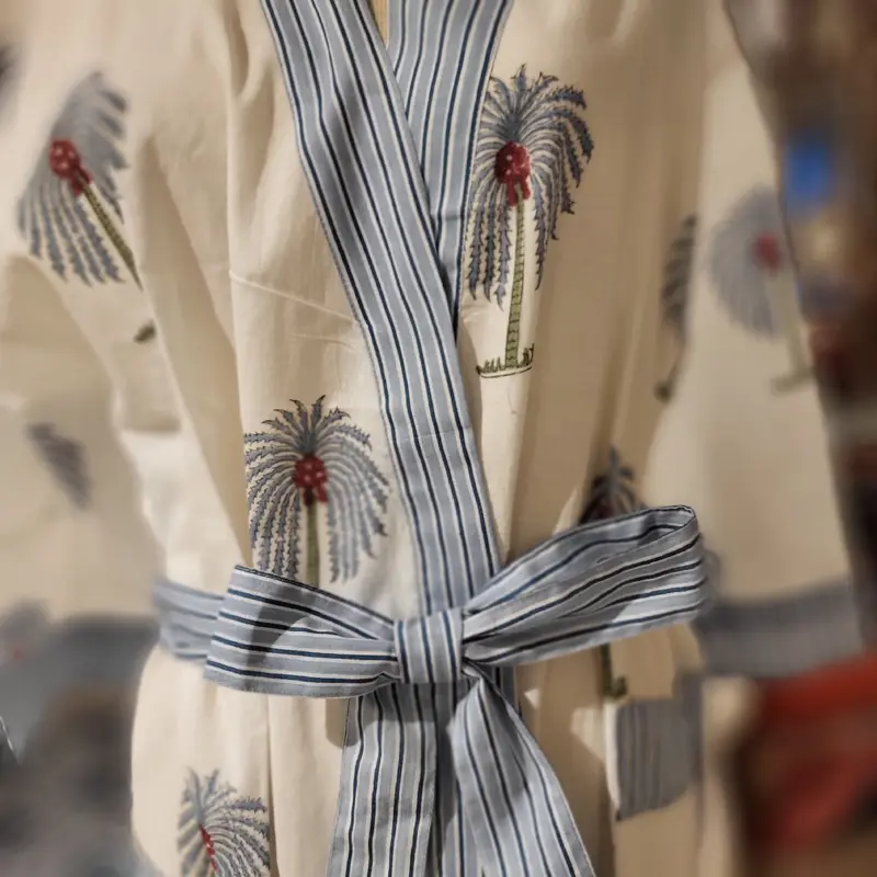 Robe Cotton Block Print Palm Blue