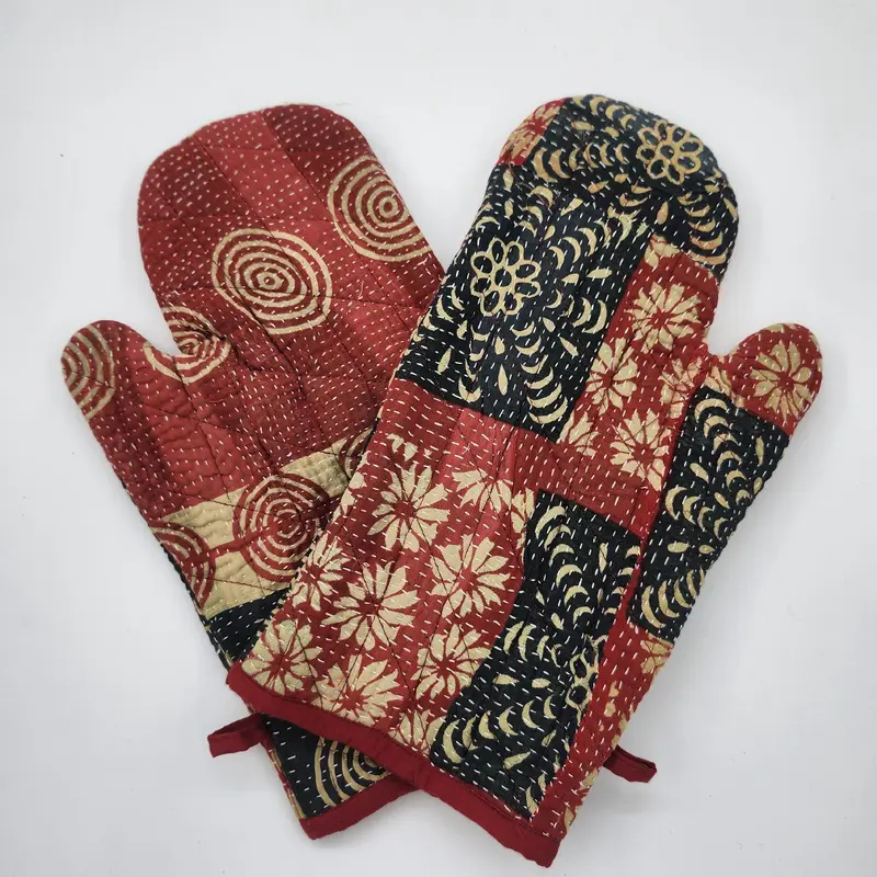 Vintage Kantha Oven Gloves Red & Black