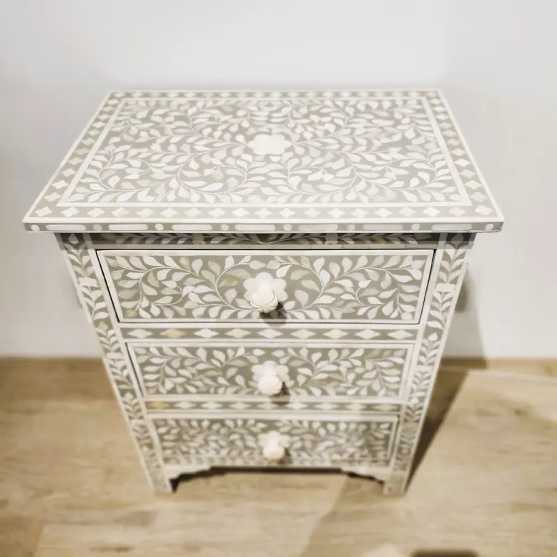 Bone Inlay Three Drawer Bedside Table Taupe