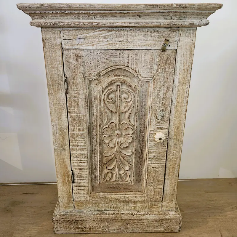 Vintage Teak Bedside Tables with carved door