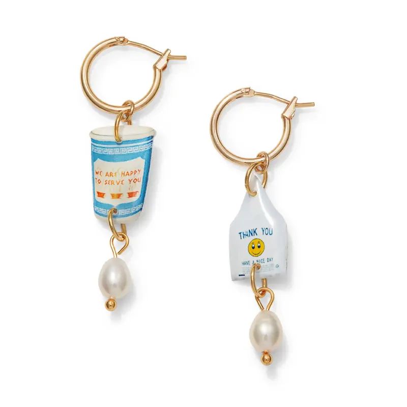 Haricot Vert Small Hoop Earrings with NYC Icon Charms - Bag/ Coffee Cup