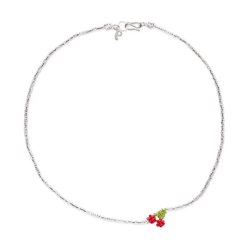 Beaded Mini Cherry Silver Necklace
