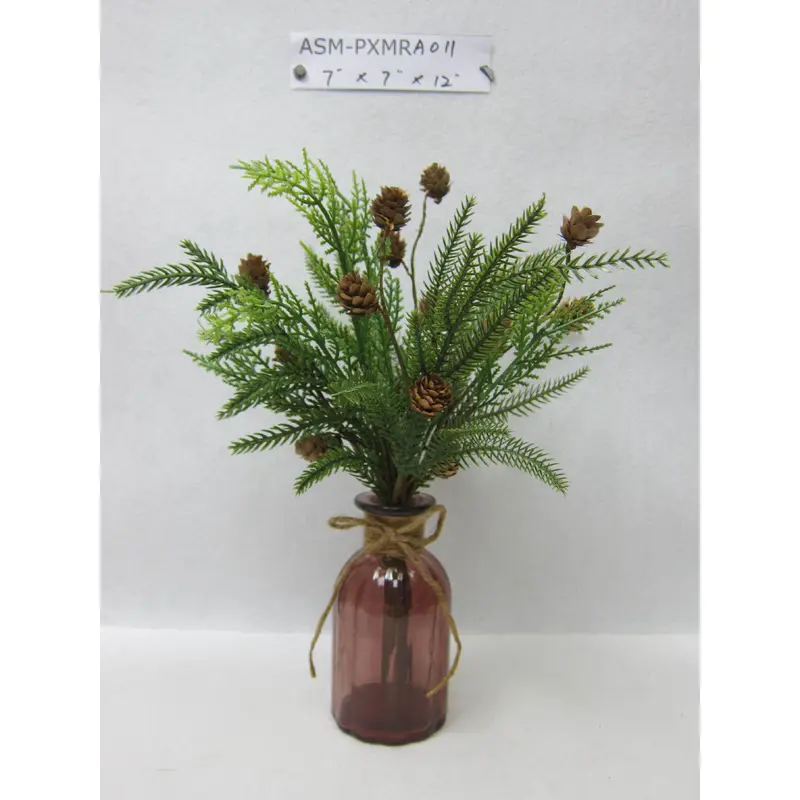 12"H Pine Needle with Cones Arrangements in a Glass Vase