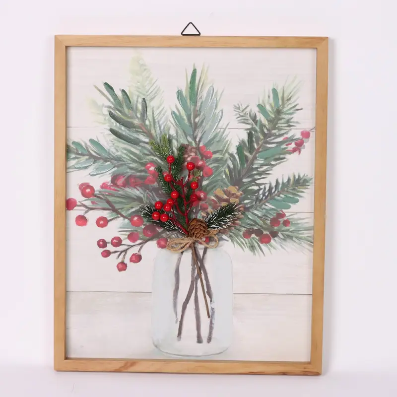 Painting with 3D pine cones and red berries