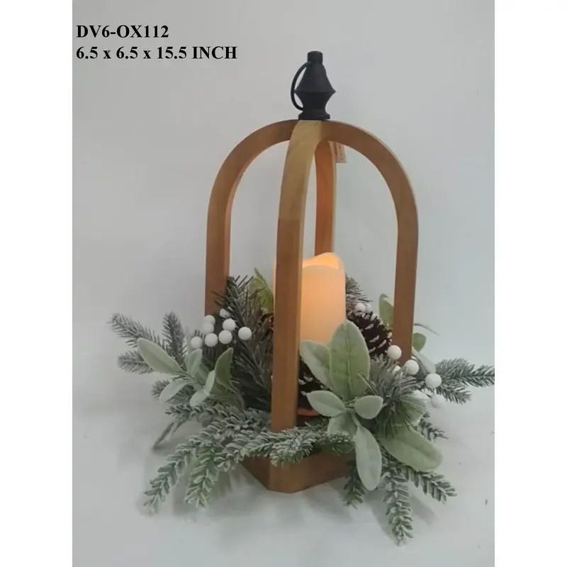 15.5"H. Christmas Wood Lantern with Candle & Floral Arrangements