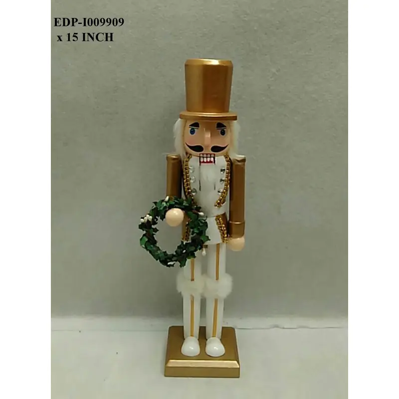 15"H. Traditional White/Gold Nutcracker Holding a Wreath