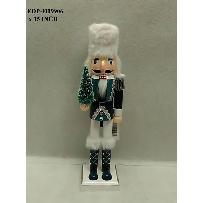 15"H. Traditional White/Green Nutcracker Holding  a Tree
