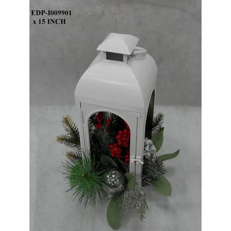 15"H. White Metal Lantern with Christmas Floral Arrangements