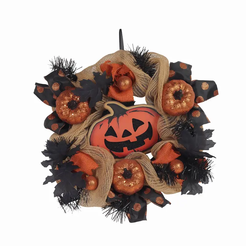 16" Halloween Pumpkins & Black Leaves Wreath