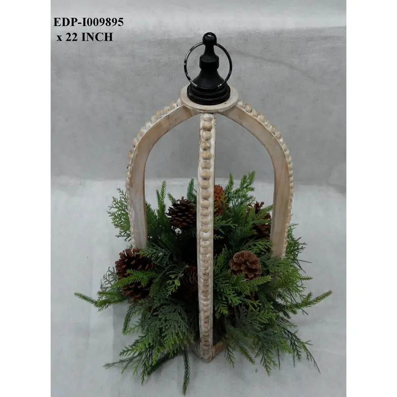 22"H. Wood Frame Lantern with PVC/Pinecones Arrangements