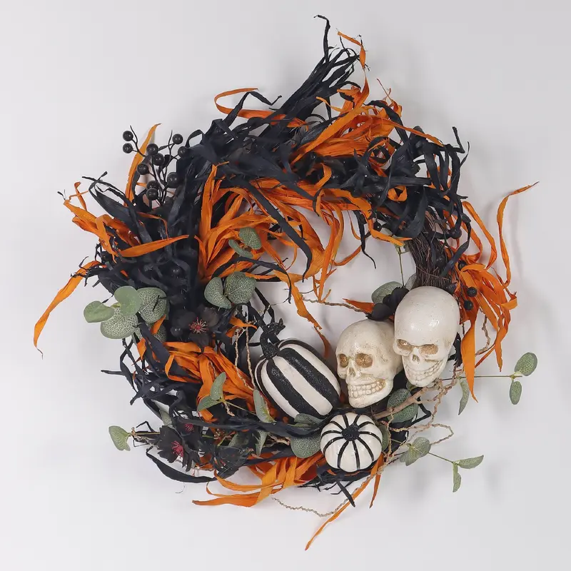 24" Halloween Wreath with Small Skulls & Pumpkins