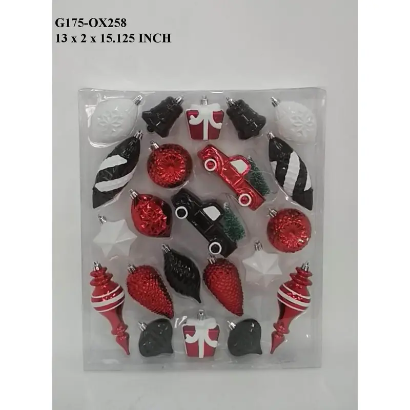 Red/Black/White Multi Shape Shatterproof Boxed Orn