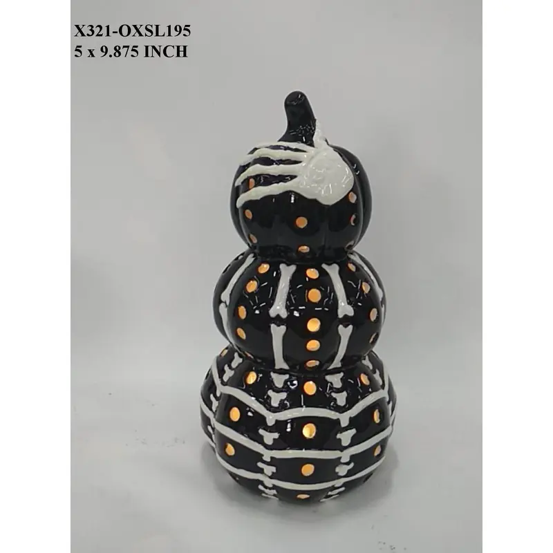 Ceramic Halloween Black Pumpkin with Skeleton