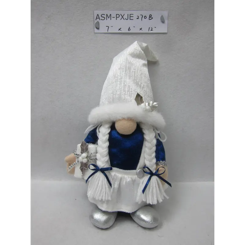 Fabric Blue/White Standing Gnome with Gift