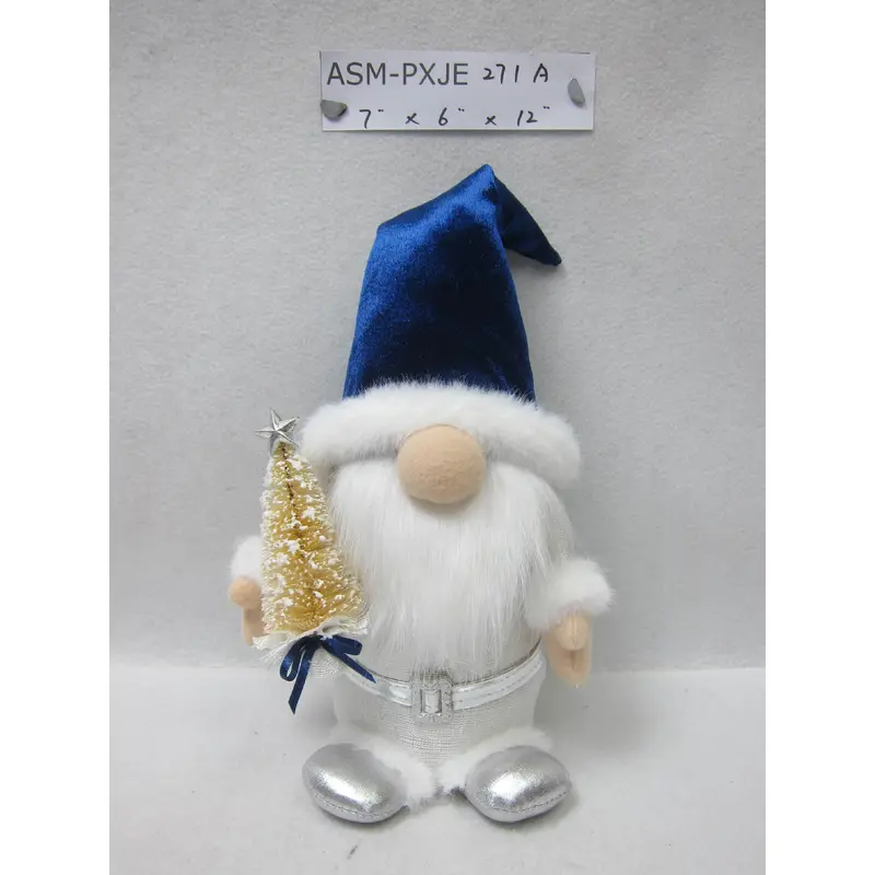 Fabric Blue/White Standing Gnome with Tree