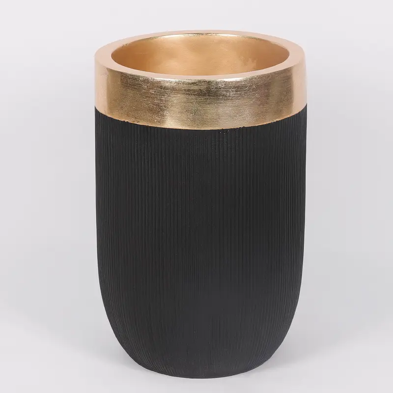 15.366 X 15.366 X 23.64"H BLACK PLANTER W/ SHINY GOLD EDGE