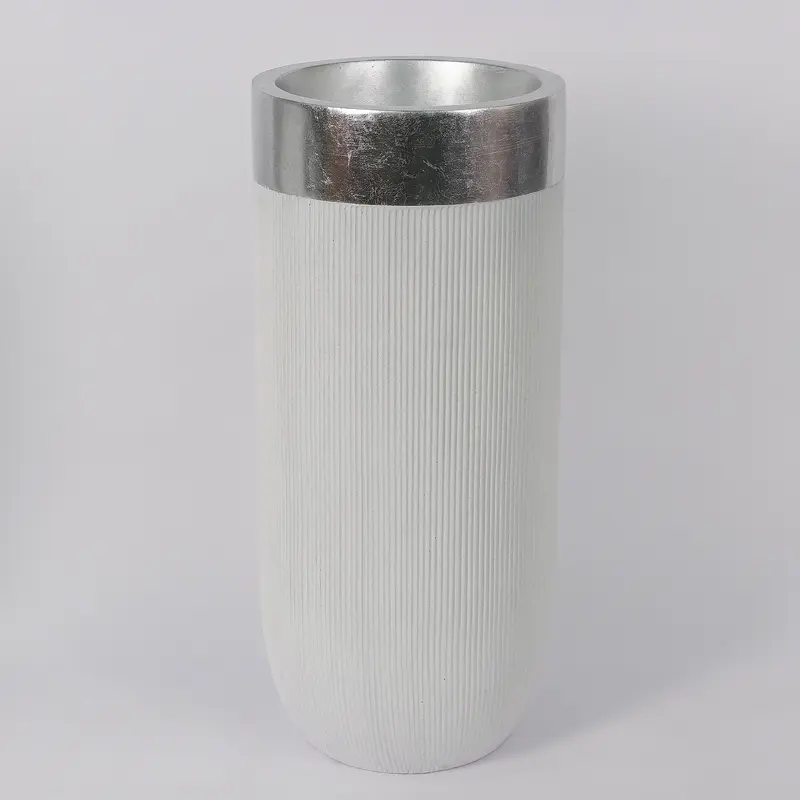 15.366 X 15.366 X 35.46"H MATTE WHITE PLANTER W/ SHINY SILVER EDGE