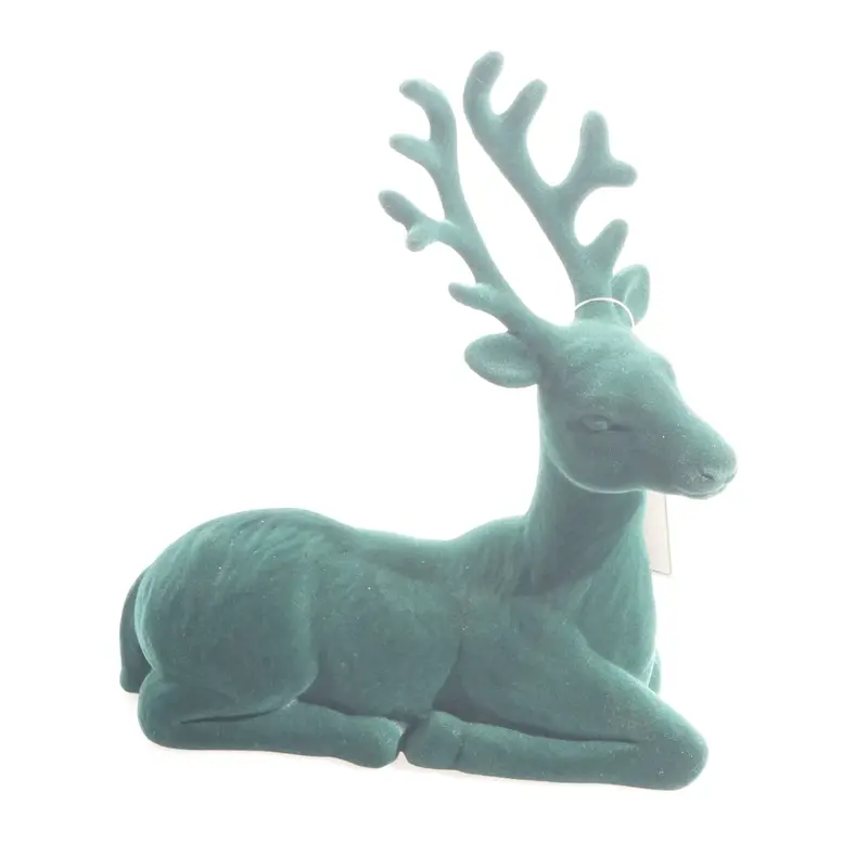Flocked Sitting Deer Decorative Figurine Green