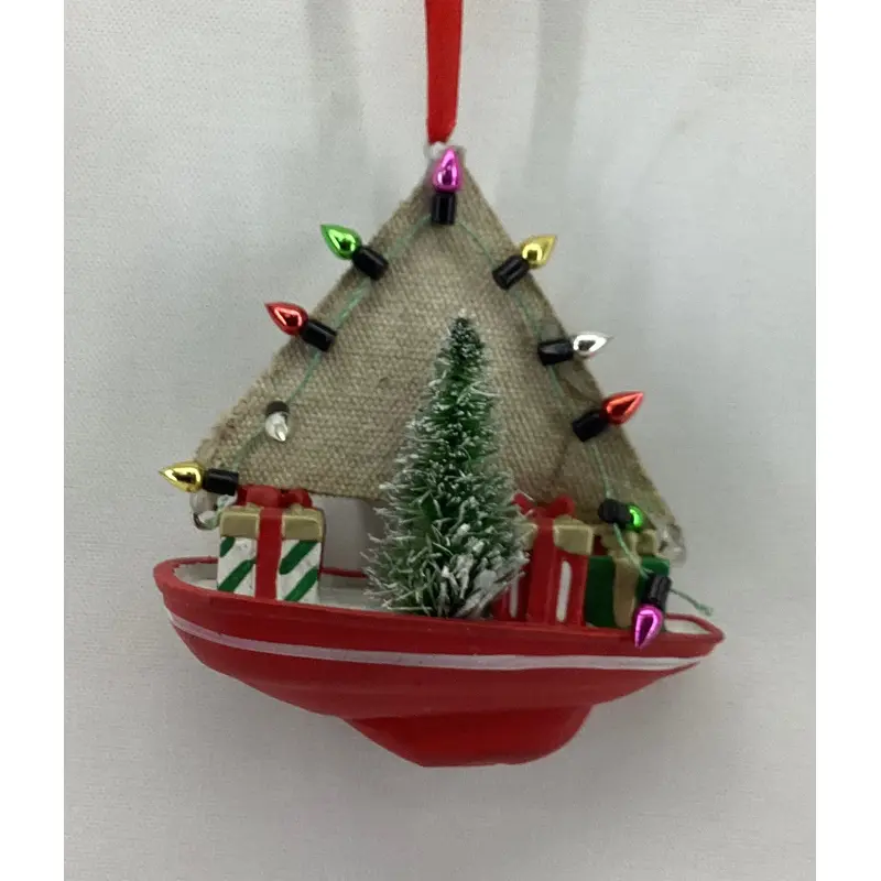 Resin Boat With Sisal Tree And Fabric Sail Ornament