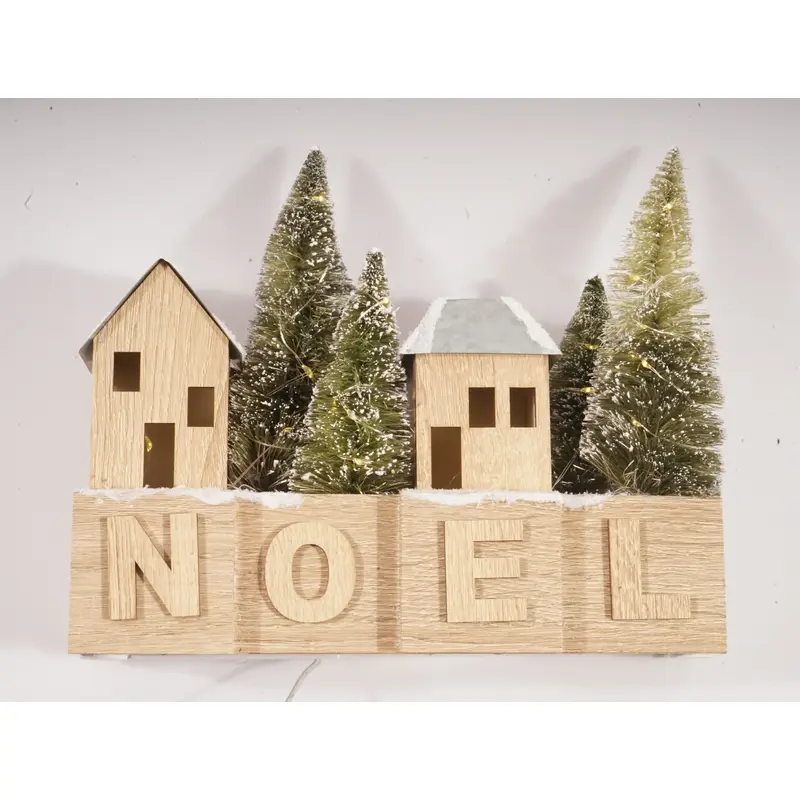 Wooden Lighted House With Xmas Tree And "Noel".