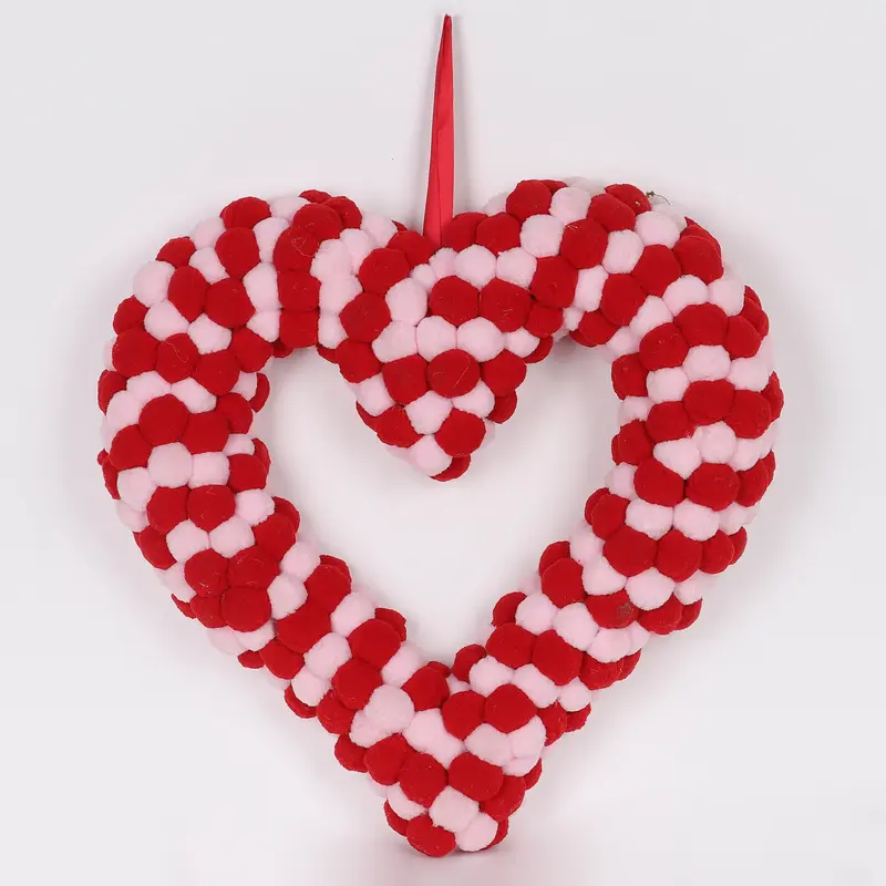 17 X 17 X 3"H HEART SHAPE POM-POM HANGING WREATH