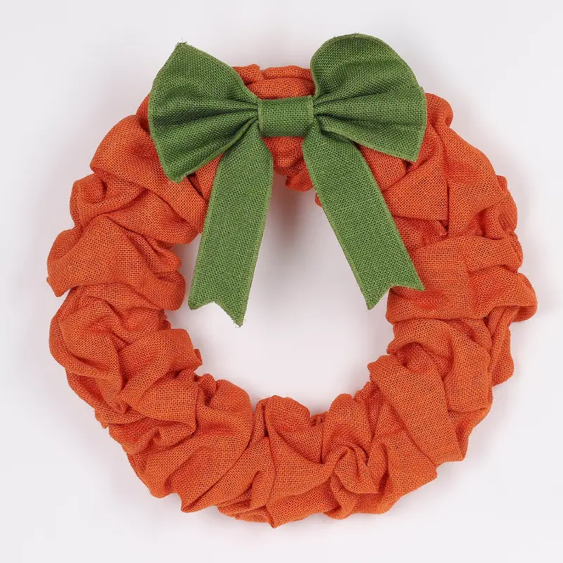 22 X 22 X 4"H Halloween Orange Burlap with Green Bow Wreath
