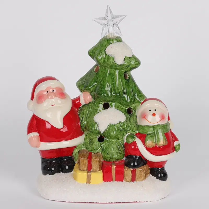 7.75 X 6 X 3.75"H CERAMIC SANTA & SNOWMAN WITH TREE DECOR