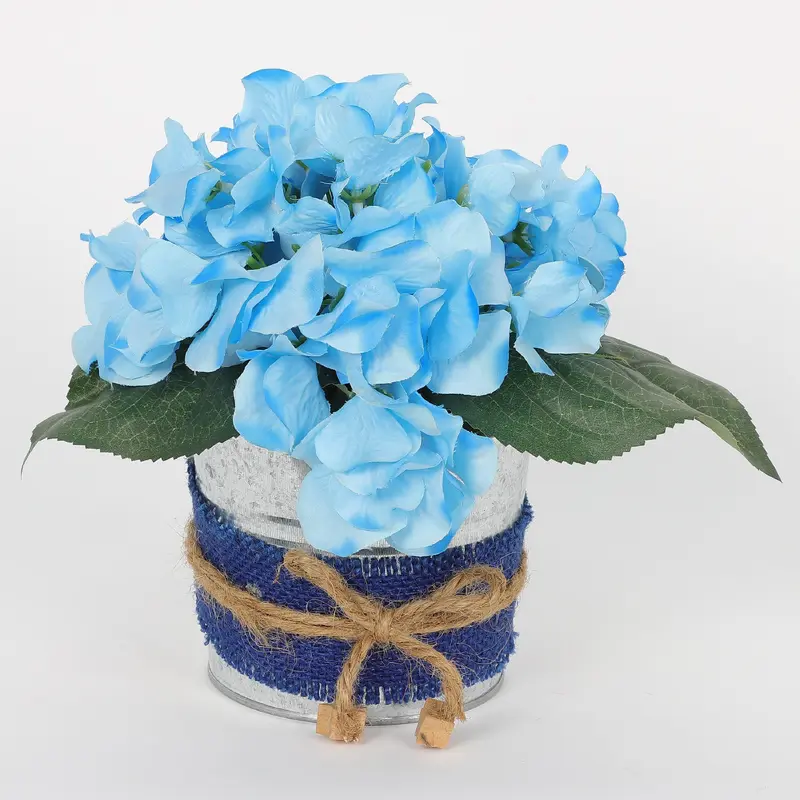 Spring Blue Hydrangea Florals with Tin Pot