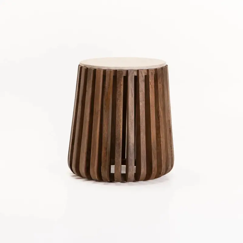SARI ROUND TRAVERTINE TOP SOLID WOOD SIDE TABLE