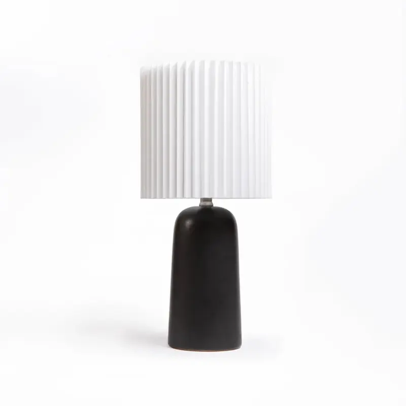 TABLE LAMP BLACK CYLINDER BASE PLEATED WHITE SHADE