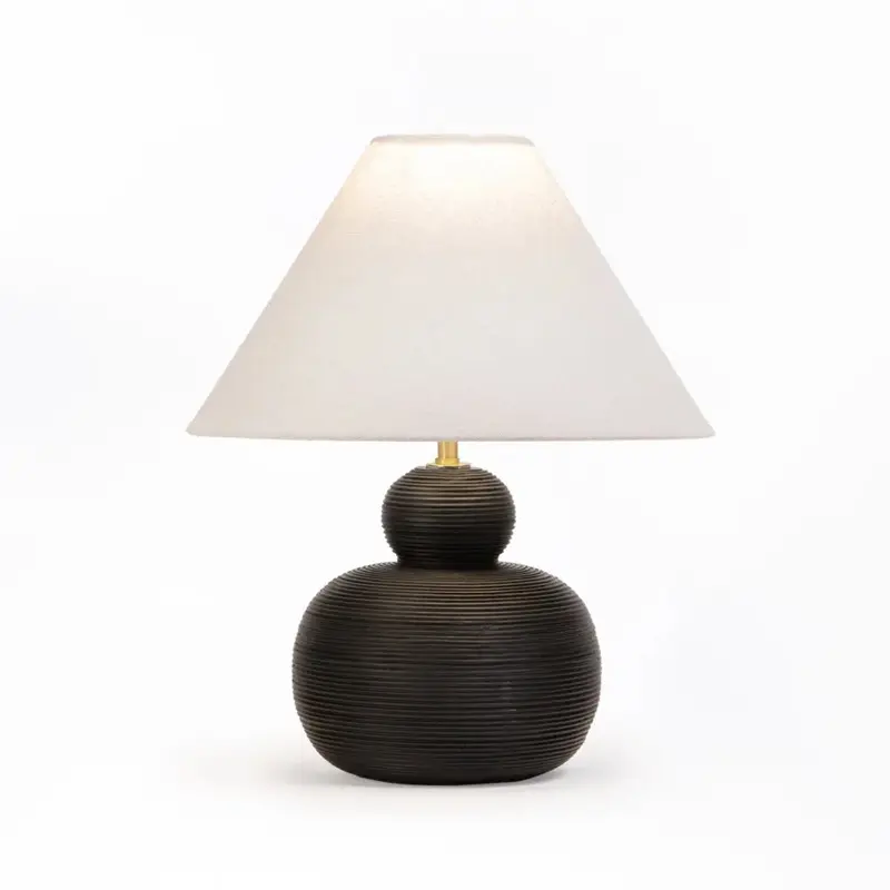 TABLE LAMP BLACK PEBBLE BASE WHITE FABRIC SHADE