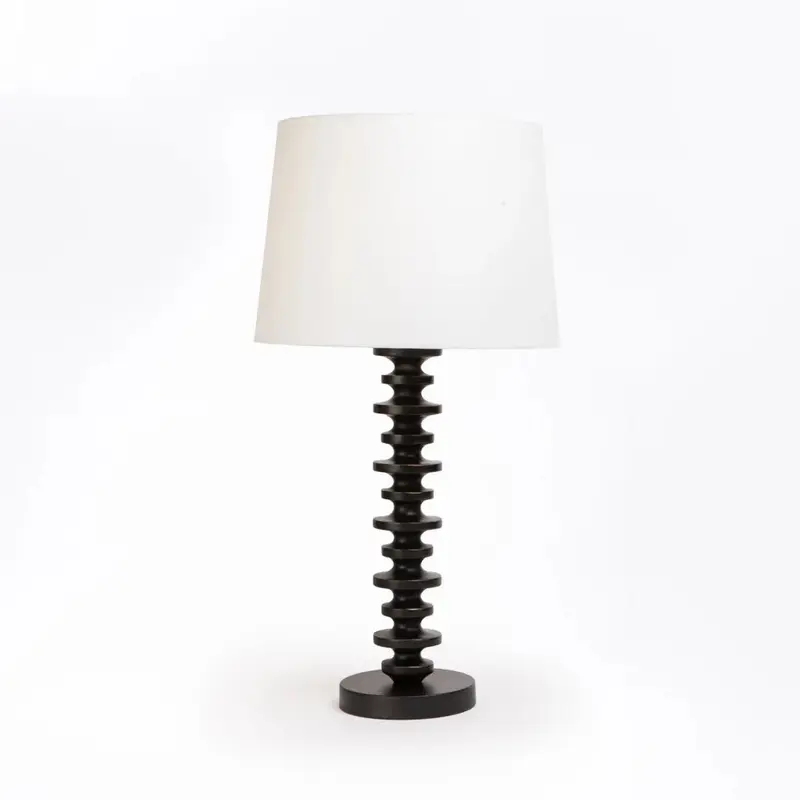 TABLE LAMP STACKED BLACK BASE WHITE FABRIC SHADE