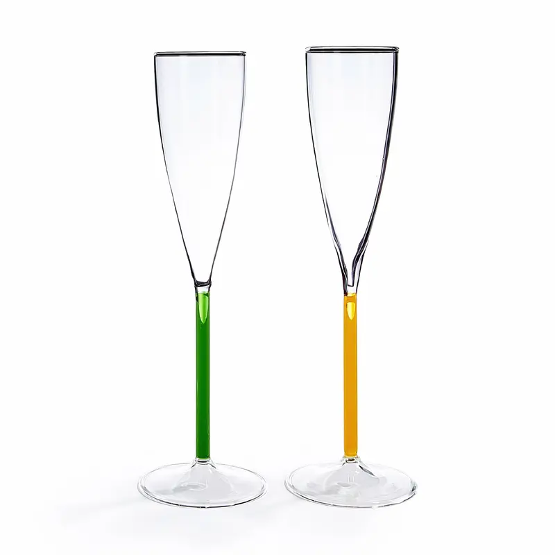 Color Accent Champagne Glasses Set - Green/ Yellow