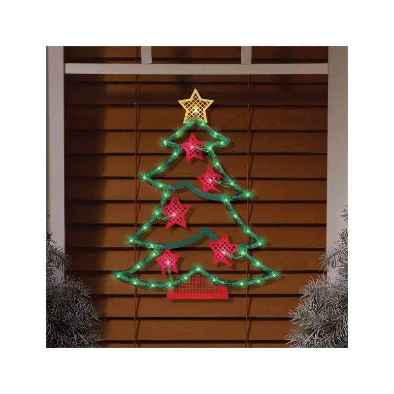 Lighted Christmas Tree with Stars Window Silhouette