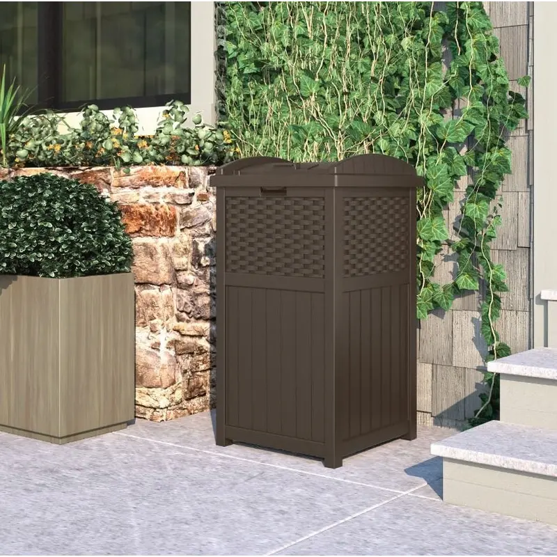 Suncast 30 Gallon Resin Wicker Outdoor Trash Hideaway Container