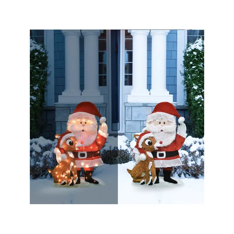 2D Lighted Santa & Rudolph Sculpture