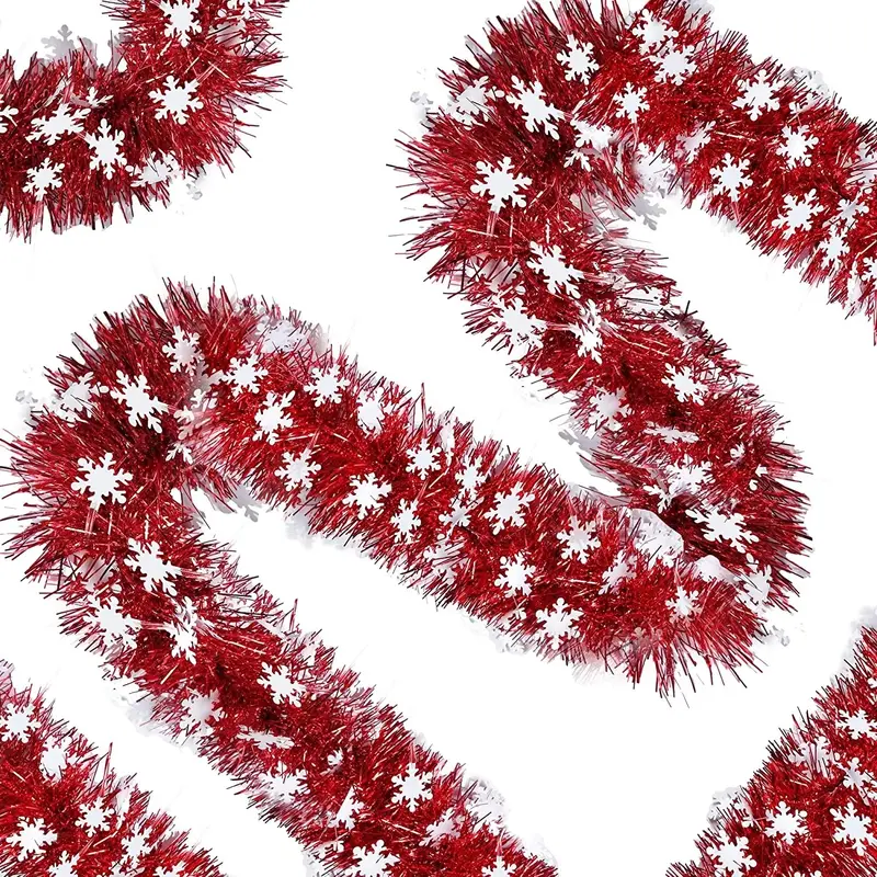 10' Shiny Red Tinsel Garland with White Snowflakes