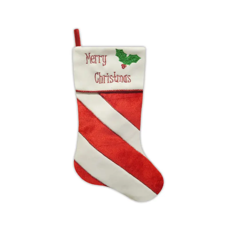 20.5" Red and White Striped Velvet Christmas Stocking with Holly Leaf Embroidery