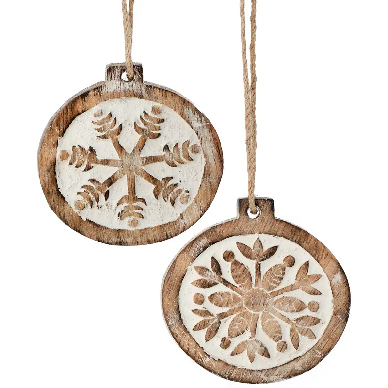 3.5" Carved Wooden Snowflake Disc Ornament