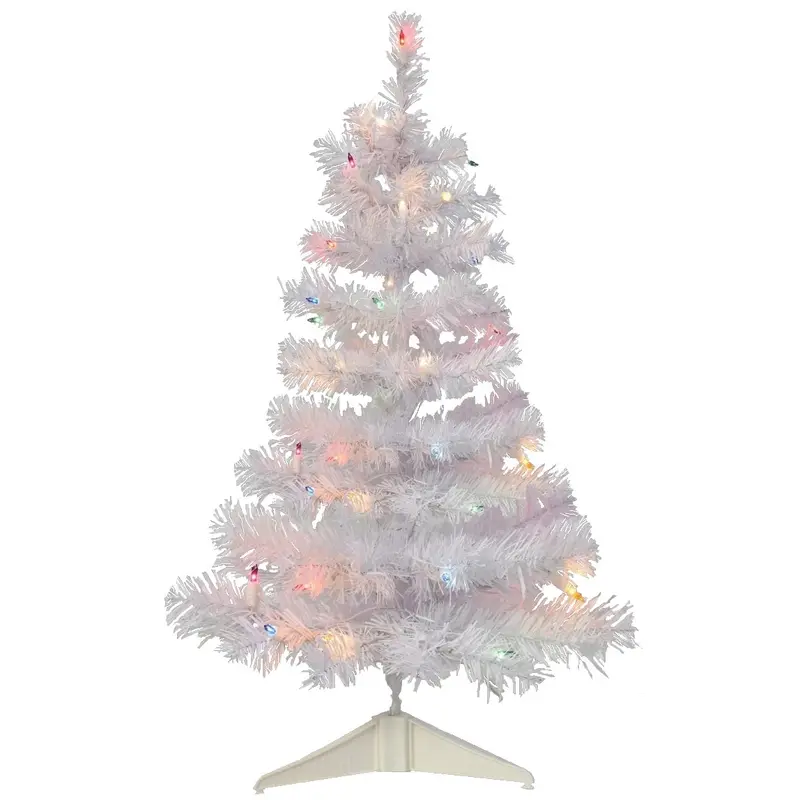 36" White Mini Artificial Foyer Tree with Stand and Pre-Lit with Multi-Colored Lights
