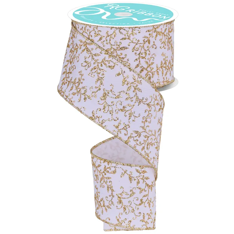 10 Yards of White Polyester Ribbon with a Gold Glitter Mini Leaf Vine Design