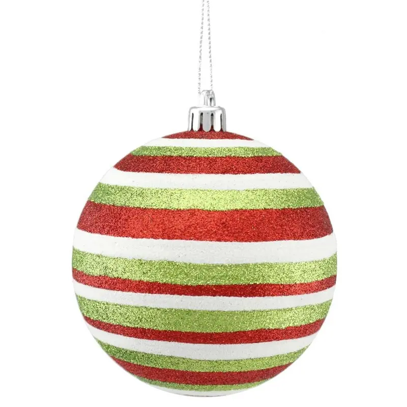 100MM Red, Lime Green & White Horizontal Stripe Glitter Ball Ornament
