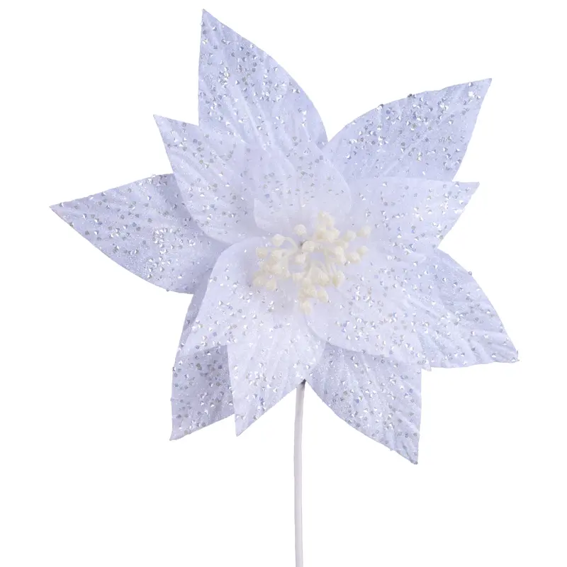 16" White & Silver Glitter Poinsettia Pick Spray