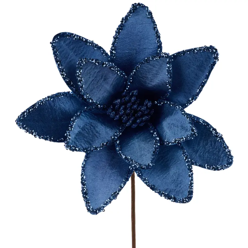 20" Smoke Blue Satin Glitter Poinsettia Stem