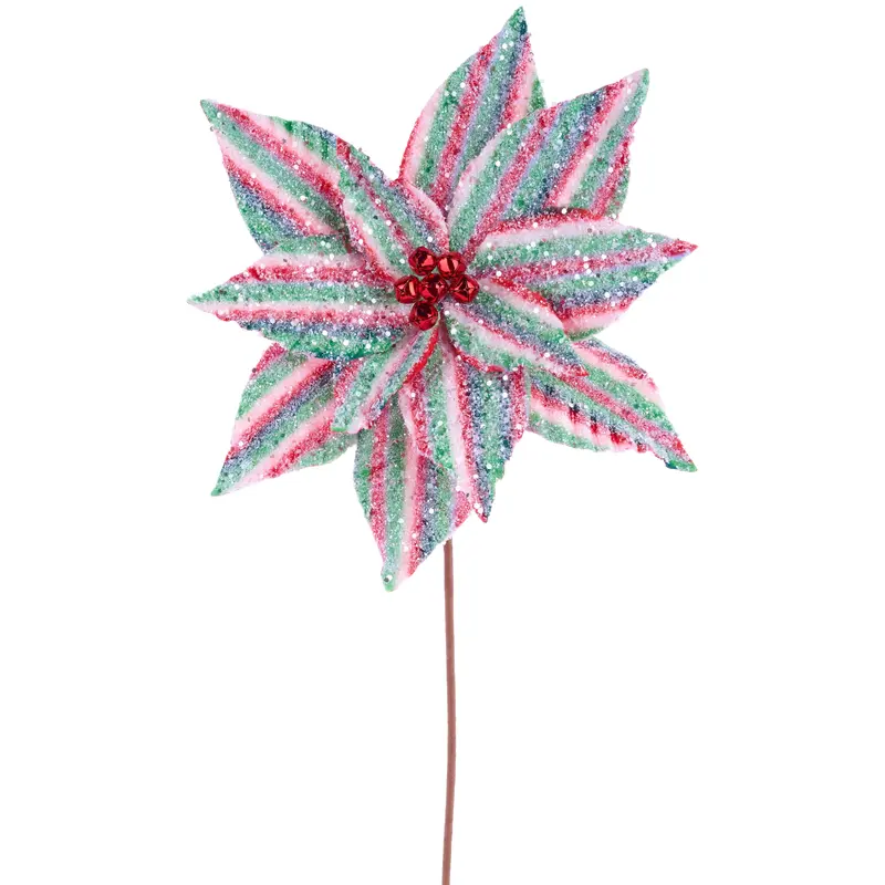 23" Red, Green & White Striped Poinsettia Stem