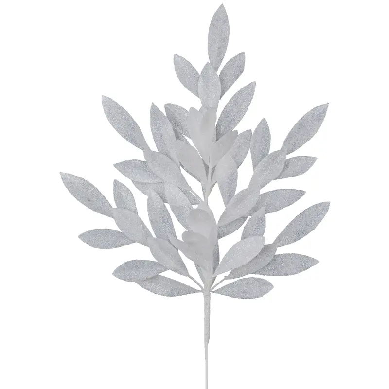 23" White Glitter Bay Leaf Spray