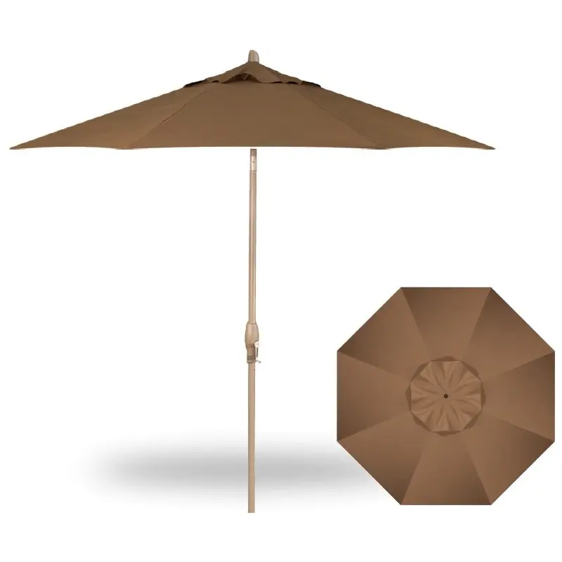 9' Auto Tilt Market Champagne Frame Toffee Canopy Umbrella Thin Pole