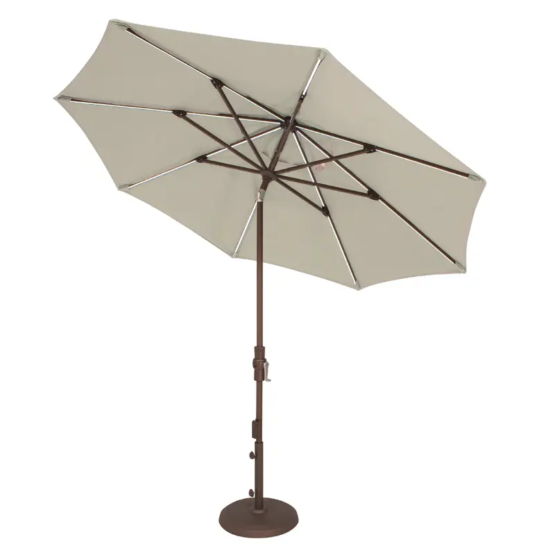 9' Starlux Collar Tilt Market Umbrella in a Bronze Frame with a Champagne Canopy