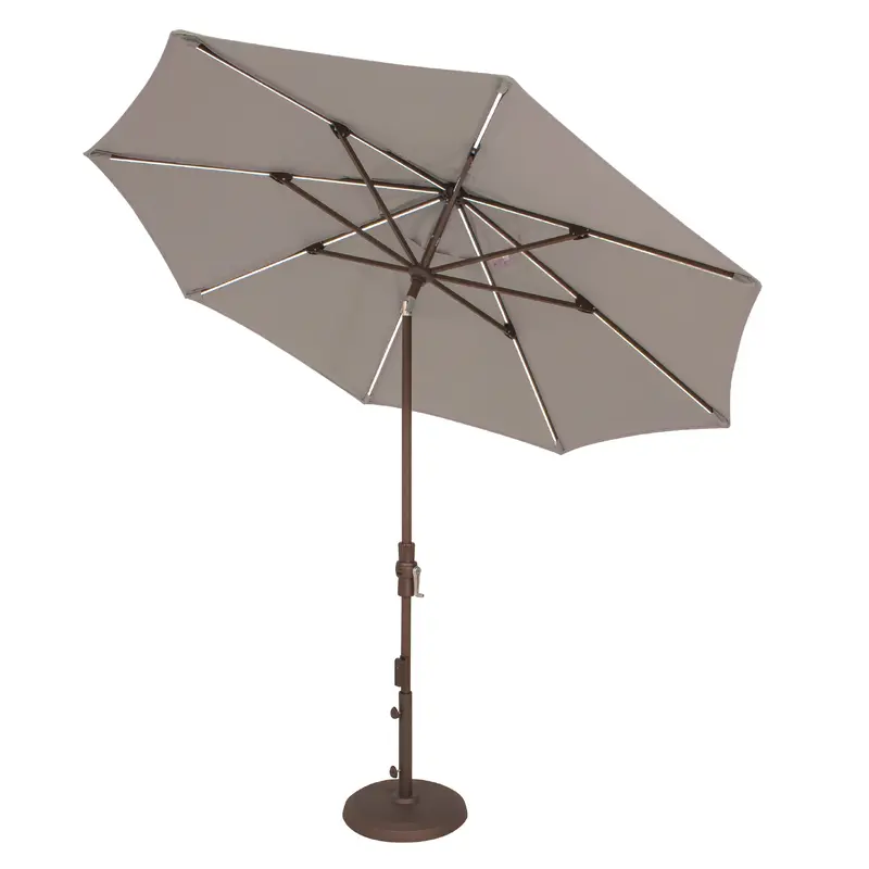 9' Starlux Collar Tilt Market Umbrella in a Bronze Frame with a Taupe Canopy